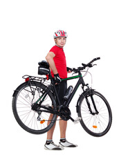 Obraz premium Side view picture of a standing cyclist holding his bicycle in hands