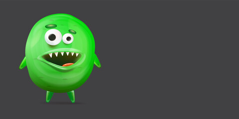 Vector cartoon funny green alien monster isolated on grey background. Smiling silly green monster print sticker design template. Cute Ghost, troll, gremlin, goblin, devil and halloween monster