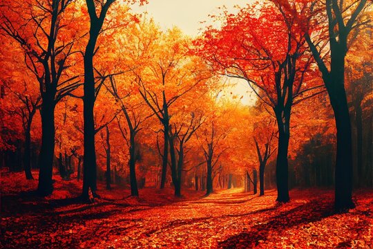 An Image Of A Path In The Woods, An Orange Fall Scene With Trees And Leaves On The Ground.