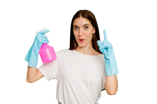 Young cleaner woman isolated having some great idea, concept of creativity.