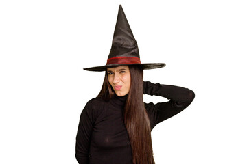Young caucasian woman dressed as a witch for halloween day isolated touching back of head, thinking and making a choice.