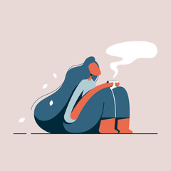 A girl with long hair dreams and drinks coffee, tea from a mug. Black woman enjoys coffee. Vector flat illustration for design, print, advertising, presentations.
