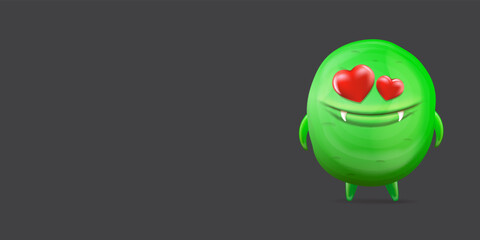 Vector cartoon funny green alien monster with heart eyes isolated on grey background. Silly monster print sticker design template. Cute Ghost, troll, gremlin, goblin, devil and halloween monster