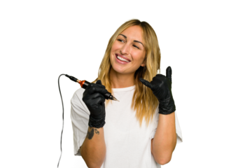 Tattoo artist caucasian woman isolated on green chroma background showing a mobile phone call gesture with fingers.