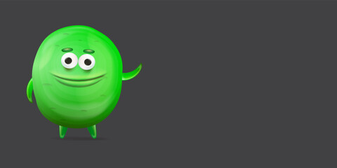 Vector cartoon funny green alien monster isolated on grey background. Smiling silly green monster print sticker design template. Cute Ghost, troll, gremlin, goblin, devil and halloween monster