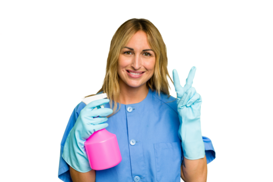 Young cleaner caucasian woman isolated green chroma background showing number two with fingers.