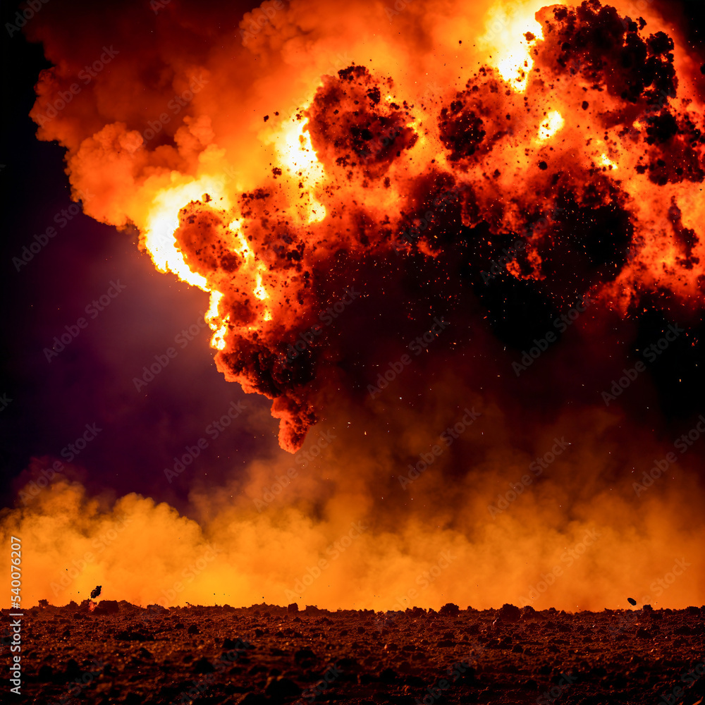 Poster a large explosions with debris and fire. oilfield scene, dark color. destruction and damage from bla