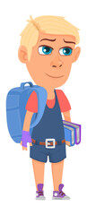 Fototapeta premium Blonde boy going to school. Kid with backpack and books