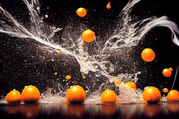 Sweet orange juice explosion, splash through flying fruits. Nectar, extract, essence of fresh falling oranges. Juicy, refreshing drink. Vfx shot, fluid simulation. 3d illustration