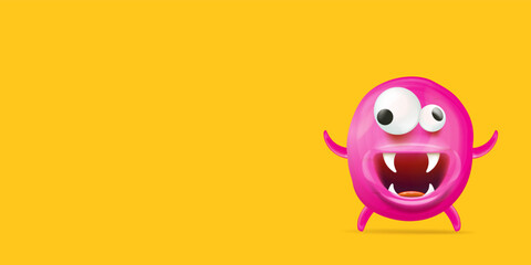 Fototapeta premium Vector cartoon funny pink alien monster isolated on orange background. Smiling silly pink monster print sticker design template. Cute Ghost, troll, gremlin, goblin, devil and halloween monster