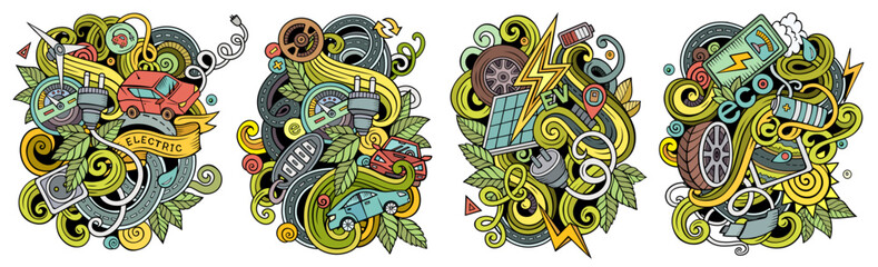 Electric Cars cartoon vector doodle designs set.