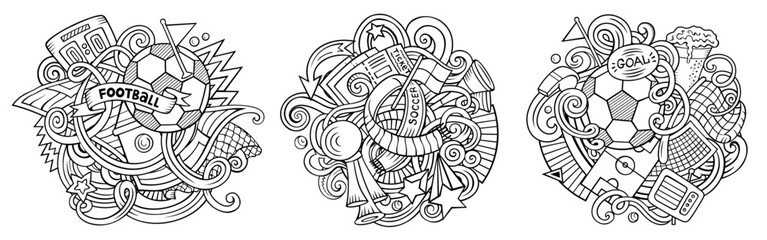 Football cartoon vector doodle designs set.