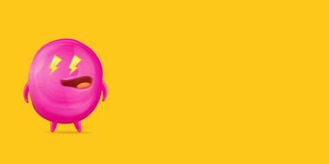 Vector cartoon funny pink alien monster isolated on orange background. Smiling silly pink monster print sticker design template. Cute Ghost, troll, gremlin, goblin, devil and halloween monster