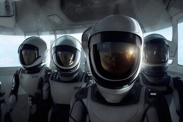 First manned mission to space. Group selfie of astronauts at the orbital station, Modern space suits. conceptual Scfi Illustration	