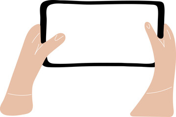 Hands holding smartphone with empty screen. Hand drawn doodle illustration