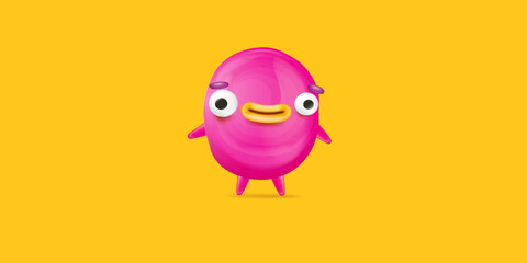 Vector cartoon funny pink alien monster isolated on orange background. Smiling silly pink monster print sticker design template. Cute Ghost, troll, gremlin, goblin, devil and halloween monster
