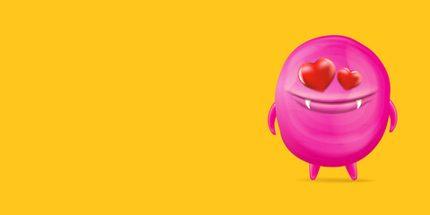 Vector cartoon funny pink alien monster with heart eyes isolated on orange background. Silly monster print sticker design template. Cute Ghost, troll, gremlin, goblin, devil and halloween monster