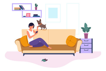 Internet addiction. Woman playing with dog and looking at smartphone screen