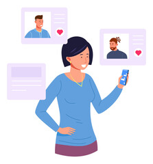 Woman looking at dating app. Girl liking male profiles