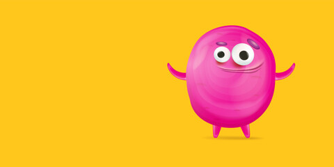 Vector cartoon funny pink alien monster isolated on orange background. Smiling silly pink monster print sticker design template. Cute Ghost, troll, gremlin, goblin, devil and halloween monster