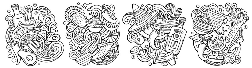 Mexican food cartoon vector doodle designs set