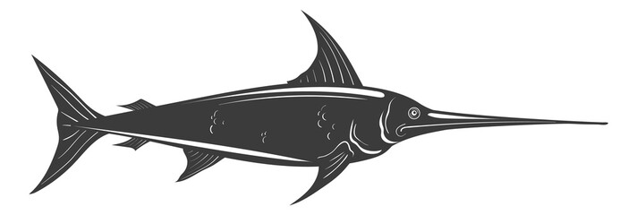 Swordfish icon. Fish black silhouette. Marine restaurant logo