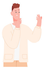 Scientist gesticulating hands. Man in lab coat emotionally talking