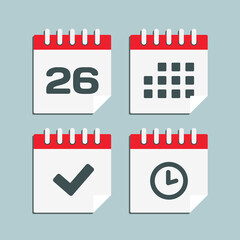 Icon calendar number 26, agenda app, timer, done