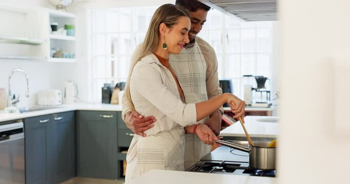 Couple, cooking and together in kitchen and learning for relationship growth and bonding, skill development and support. Young man, woman and cook Italian food, help and advice, spending quality time