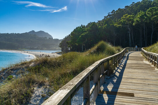 View of the Cies Islands with the beautiful beach of Rodas, in Galicia, Spain. 