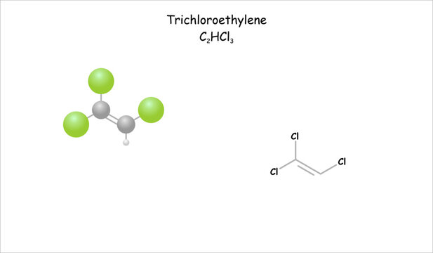Stylized molecule model/structural formula of trichloroethylene.
