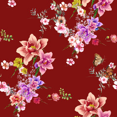 Watercolor painting of leaf and flowers, seamless pattern on red background