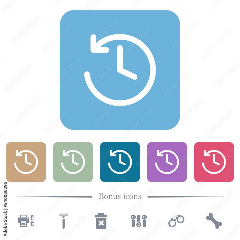 Aufkleber circle shaped backward arrow and clock flat icons on color rounded square backgrounds