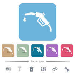 Glossy gasoline pump fuel nozzle flat icons on color rounded square backgrounds