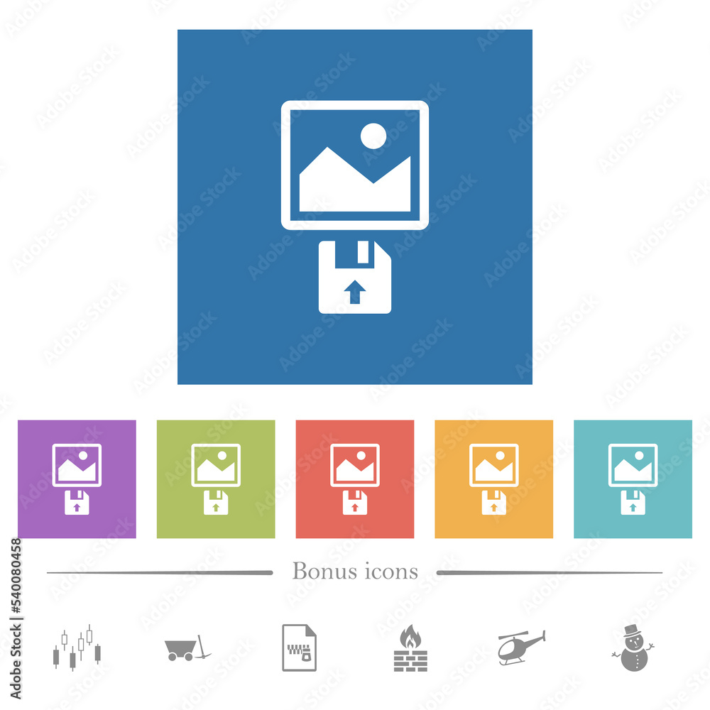 Poster upload image from floppy disk flat white icons in square backgrounds