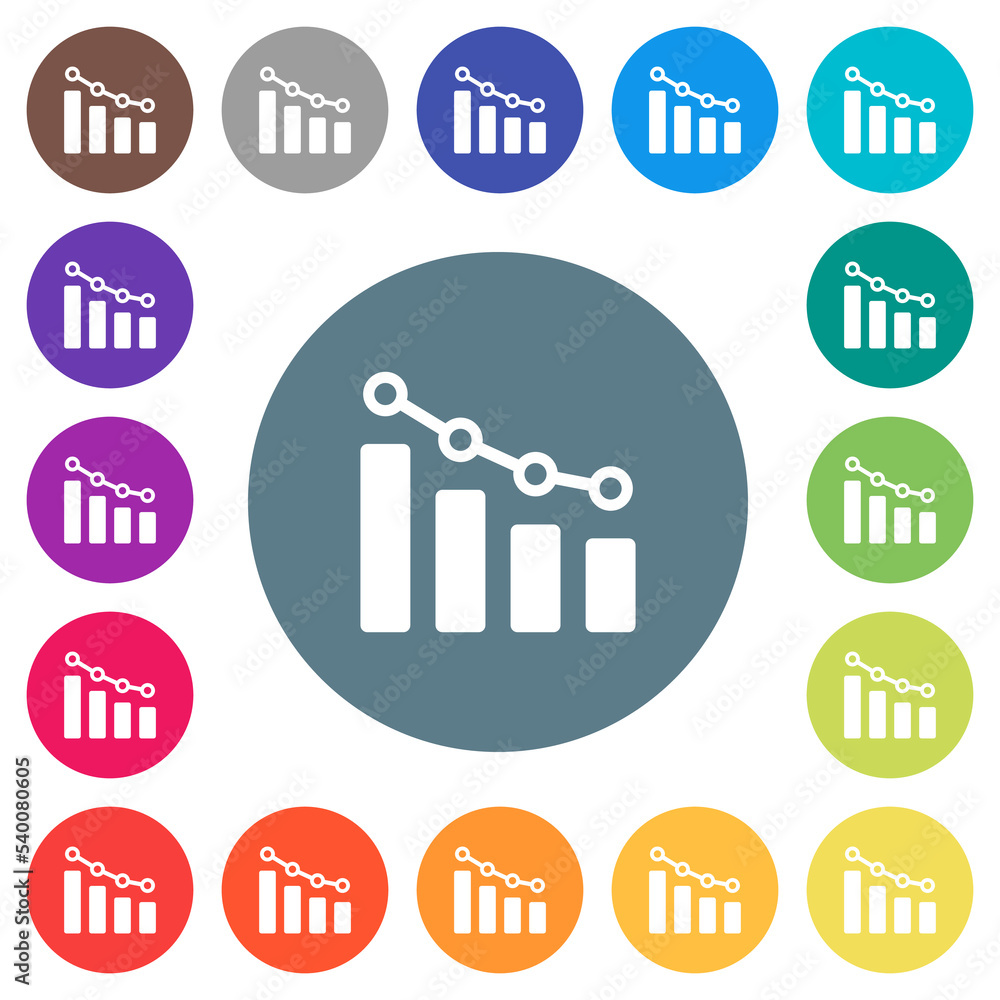 Poster bar graph with circles and lines flat white icons on round color backgrounds