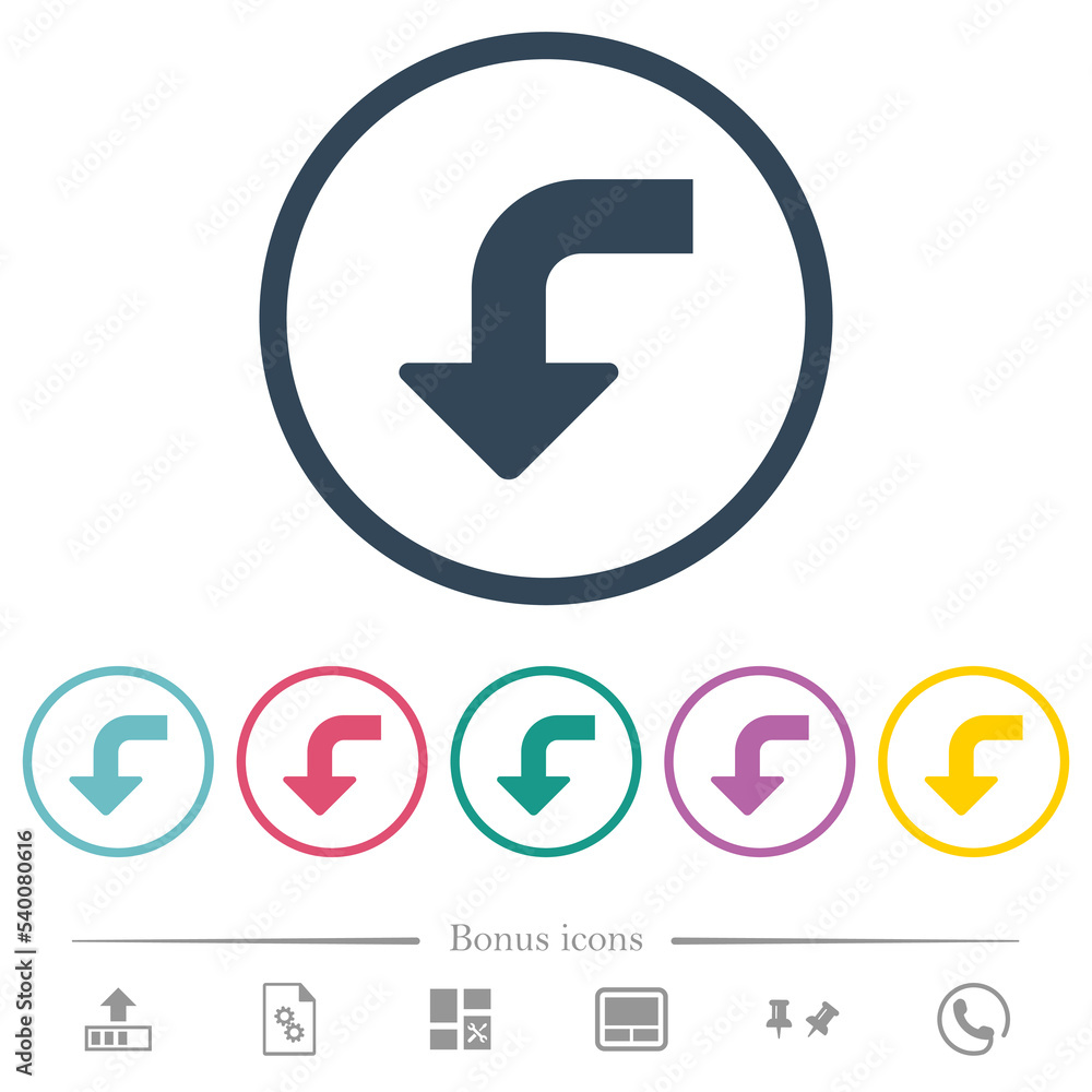 Aufkleber left bottom side turn arrow solid flat color icons in round outlines
