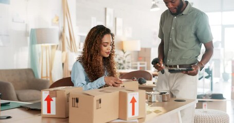 Shipping, delivery boxes and people or business owner in supply chain, logistics or commerce industry. Retail stock supplier, product sales woman seal courier package and tablet for commercial export