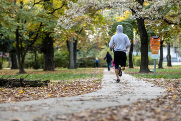 Fototapeta premium Man running alone in Budapest park in the afternoon, Hungary.