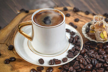 cup of coffee with beans, turkish coffee