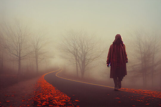 A person walk into the misty foggy road in a dramatic mystic scene with warm colors. Mysterious man walking in the mist. 3d illustration