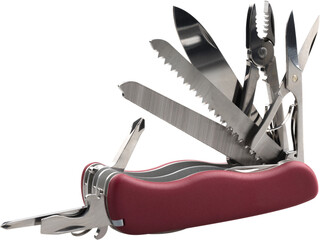 Multipurpose knife isolated on white with all neccessary tools all in one