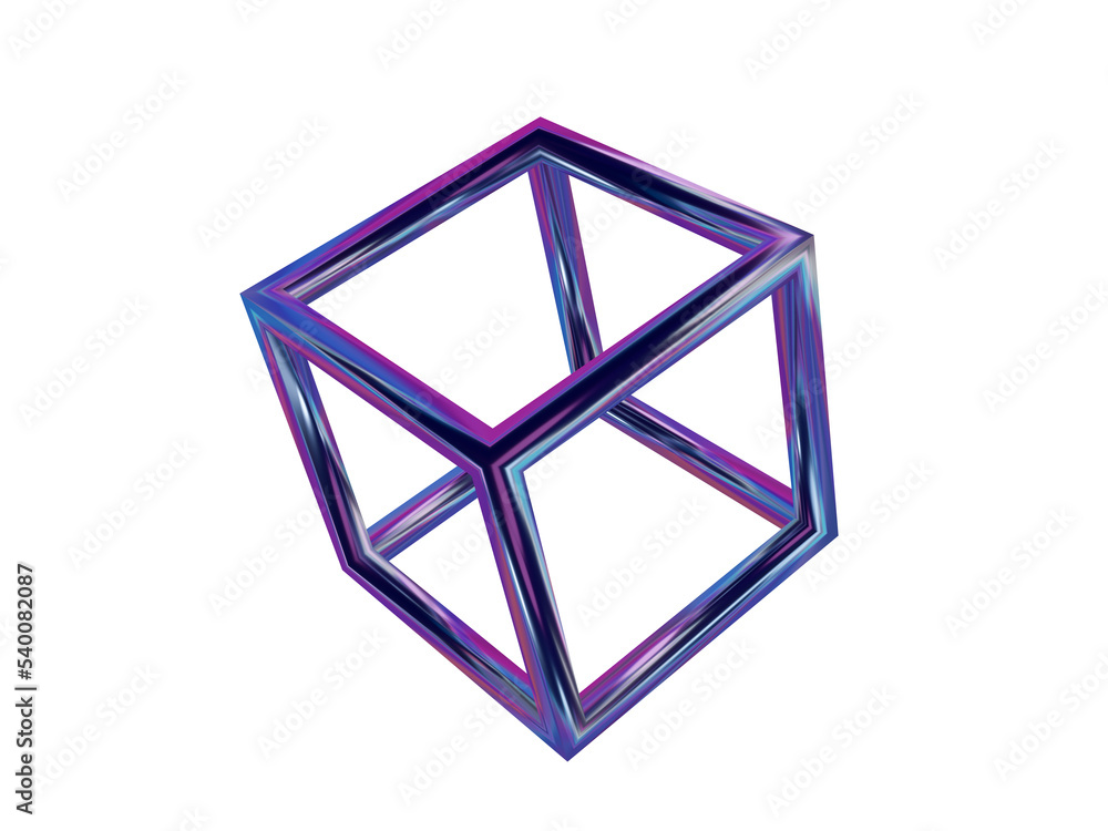 Poster 3d holographic geometric shape wireframe cube. metal simple figure for your design on isolated backg