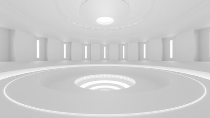 Obraz premium 先端科学の研究所を思わせる未来的な空間。壁や天井に埋め込まれたクールな光のラインに照らされた床、ステージ、無人の部屋をイメージした抽象的な背景用の3Dレンダリングイラスト