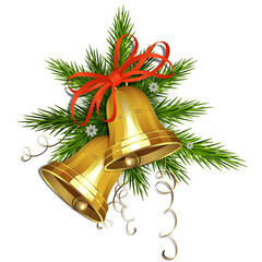 Christmas arrangement of spruce green branches, two bells of golden hue with a red bow.