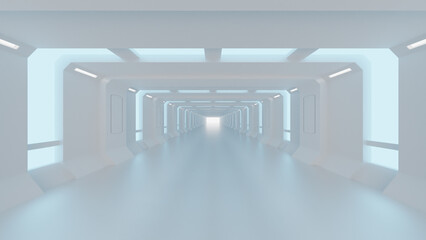 先端科学の研究所を思わせる未来的な空間。壁や天井に埋め込まれたクールな光のラインに照らされた床、ステージ、無人の部屋をイメージした抽象的な背景用の3Dレンダリングイラスト - obrazy, fototapety, plakaty