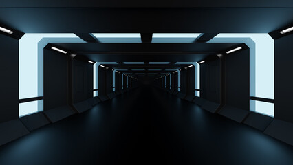 先端科学の研究所を思わせる未来的な空間。壁や天井に埋め込まれたクールな光のラインに照らされた床、ステージ、無人の部屋をイメージした抽象的な背景用の3Dレンダリングイラスト