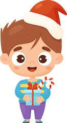 Christmas Cute boy in santa hat with New Years gift