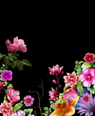 watercolor painting of leaves and flower, on dark background