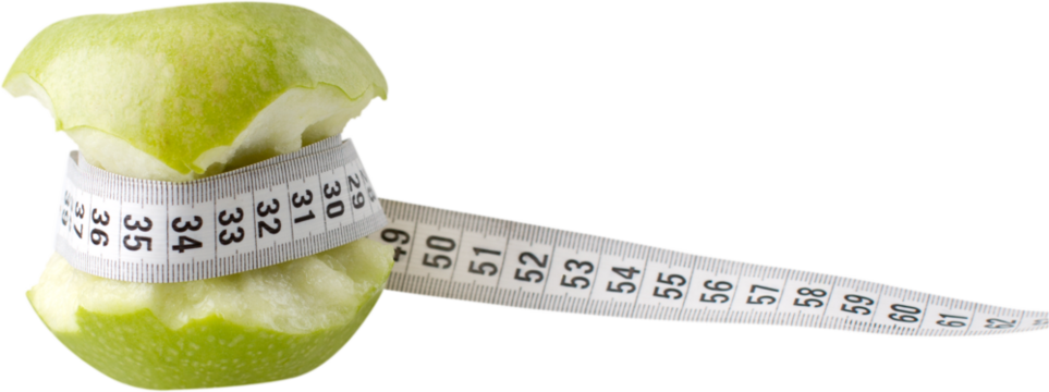 Partially eaten apple with a measuring tape - weight loss concept